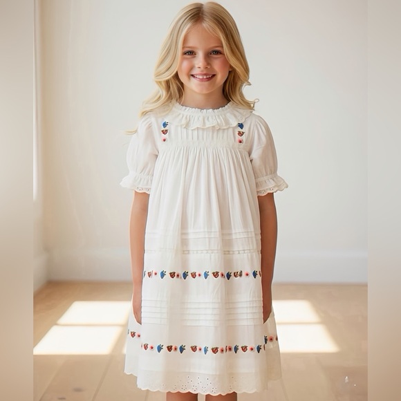 Mini Boden Nostalgic Tiered Cream Dress With Colorful Embroidery - Picture 2 of 14